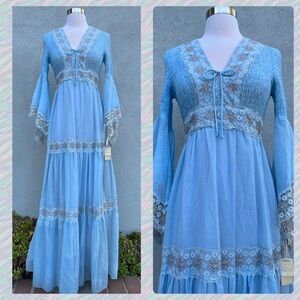 NOS Vintage 1970s Blue Maxi Bell Sleeve Tiered Lace Dress VTG Sz 11/12